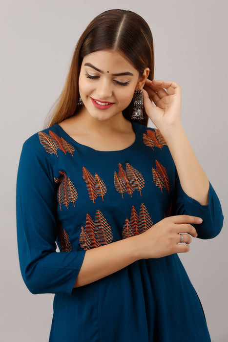 Women's Solid Dyed Rayon Designer Embroidered A-Line Kurta - KR007 BLUE