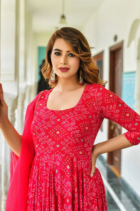 Pink Bandhej Ankle Length Rayon Kurti with Dupatta (Pink)-KR-13