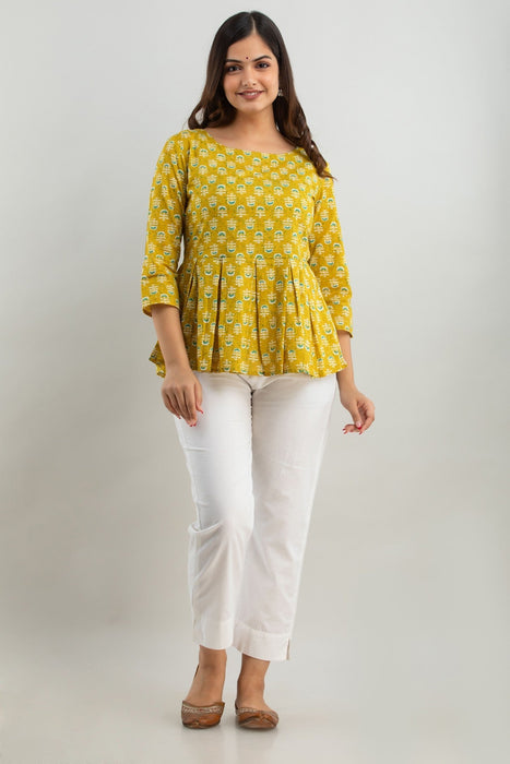 Women's Pure Cotton Printed Hip Length Formal Tops KRT026YELLOW