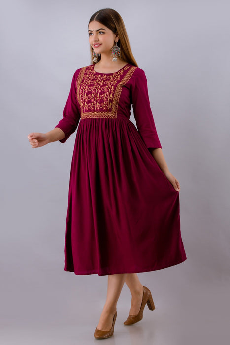 Women's Solid Dyed Rayon Designer Embroidered A-Line Kurta - KR064WINE