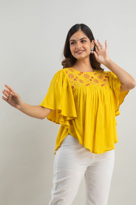 Women's Rayon embroidered Hip Length Formal Tops KRT019MUSTARD