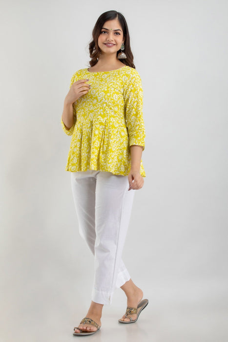 Women's Pure Cotton Printed Hip Length Formal Tops KRT028YELLOW