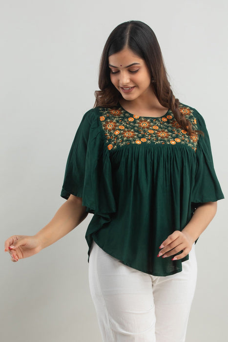 Women's Rayon embroidered Hip Length Formal Tops KRT019GREEN