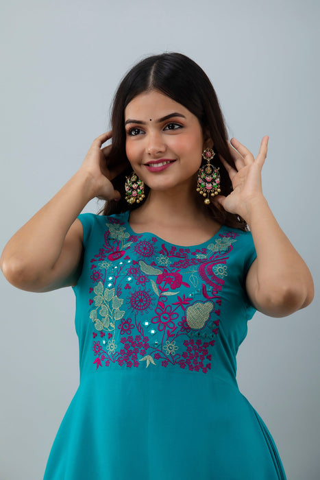 Women's Solid Dyed Rayon Designer Embroidered A-Line Kurta - KR0100TURQUOISE