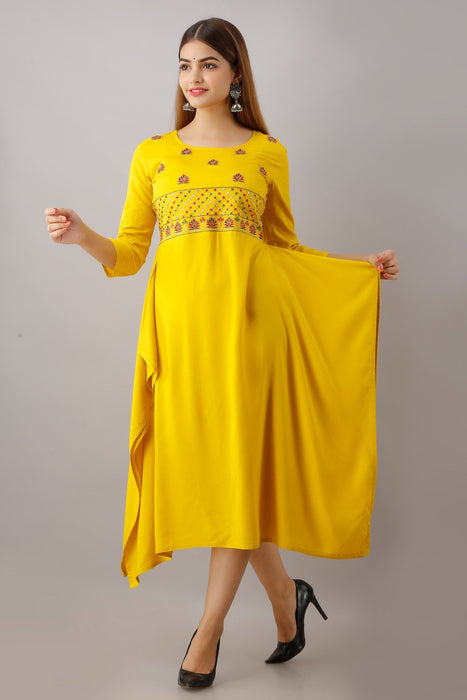 Women's Solid Dyed Rayon Designer Embroidered A-Line Kurta - KR063MUSTARD