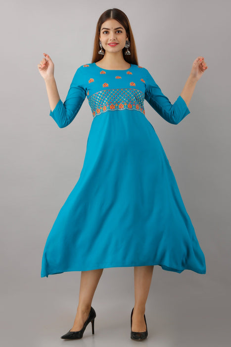 Women's Solid Dyed Rayon Designer Embroidered A-Line Kurta - KR063TURQUOISE