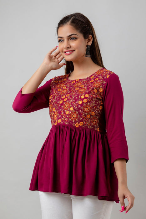 Women's Rayon embroidered Hip Length Formal Tops KRT037WINE