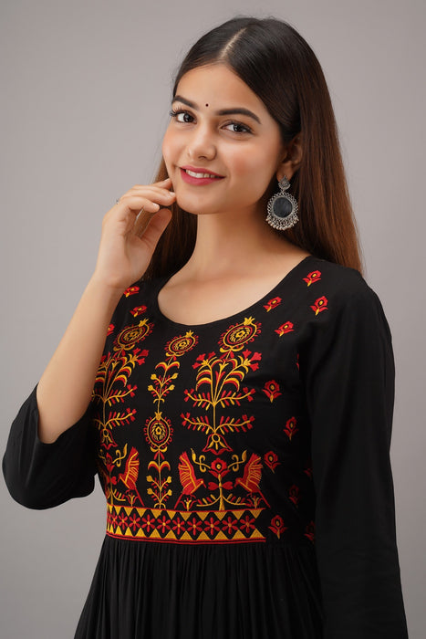 Women's Solid Dyed Rayon Designer Embroidered A-Line Kurta - KR021BLACK