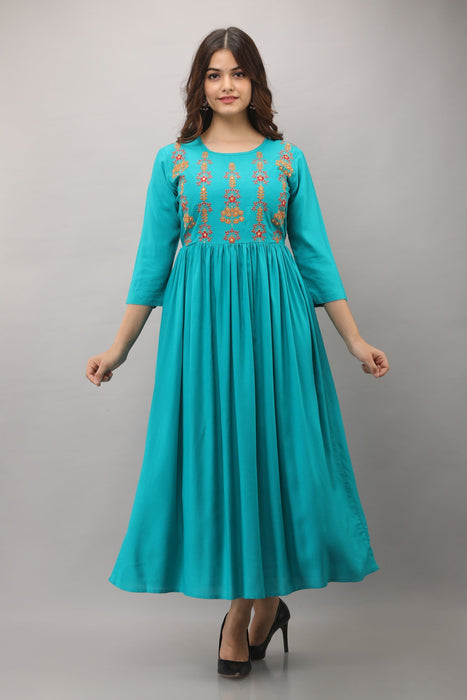 Women's Solid Dyed Rayon Designer Embroidered A-Line Kurta - KR005TURQUOISE