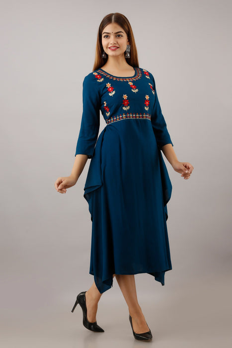 Women's Solid Dyed Rayon Designer Embroidered A-Line Kurta - KR052BLUE