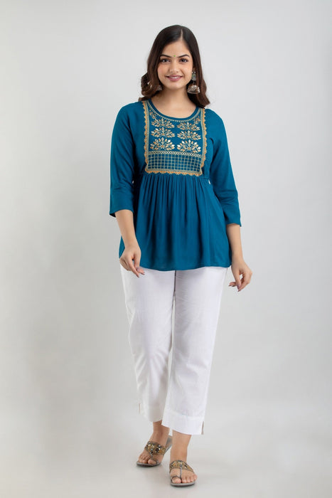 Women's Rayon embroidered Hip Length Formal Tops KRT021BLUE