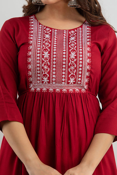 Women's Solid Dyed Rayon Designer Embroidered A-Line Kurta - KR0105MAROON