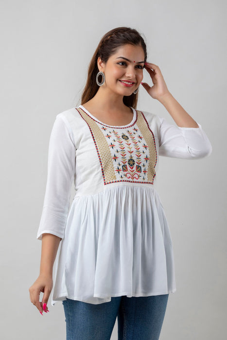 Women's Rayon embroidered Hip Length Formal Tops KRT036WHITE