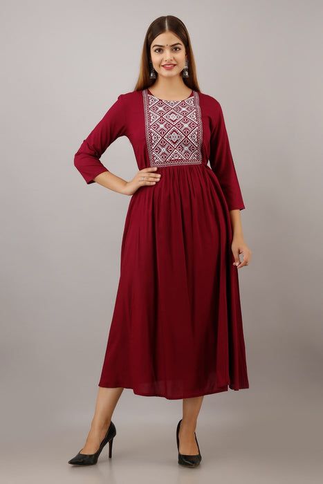 Women's Solid Dyed Rayon Designer Embroidered A-Line Kurta - KR047MAROON