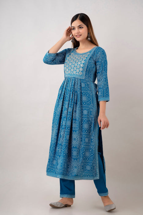 Traditional Zari Embroidery Work A-Line Kurta With Trouser & Dupatta - KR3004BLUE