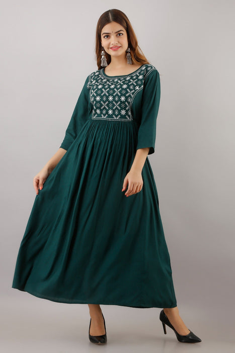 Women's Solid Dyed Rayon Designer Embroidered A-Line Kurta - KR016GREEN