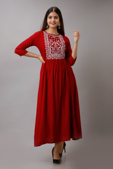 Women's Solid Dyed Rayon Designer Embroidered A-Line Kurta - KR023MAROON