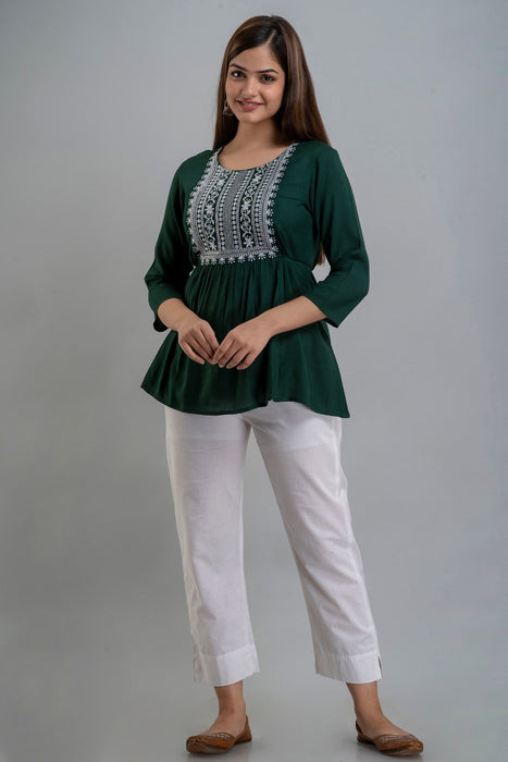 Women's Rayon embroidered Hip Length Formal Tops KRT035GREEN