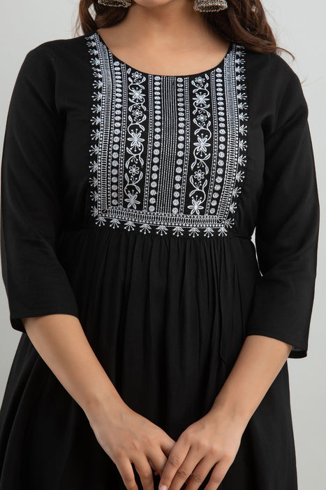 Women's Solid Dyed Rayon Designer Embroidered A-Line Kurta - KR0105BLACK