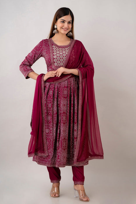 Traditional Zari Embroidery Work A-Line Kurta With Trouser & Dupatta - KR3004WINE