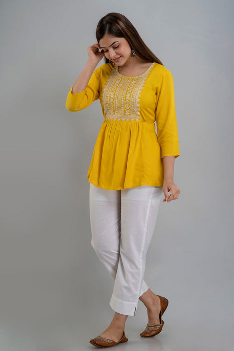 Women's Rayon embroidered Hip Length Formal Tops KRT035YELLOW