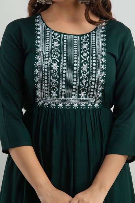 Women's Solid Dyed Rayon Designer Embroidered A-Line Kurta - KR0105GREEN