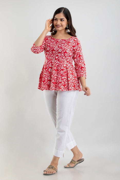 Women's Pure Cotton Printed Hip Length Formal Tops KRT028RED