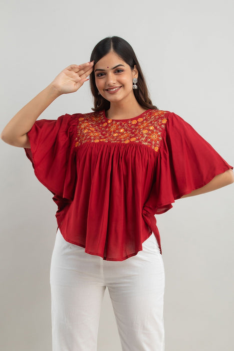 Women's Rayon embroidered Hip Length Formal Tops KRT019MAROON