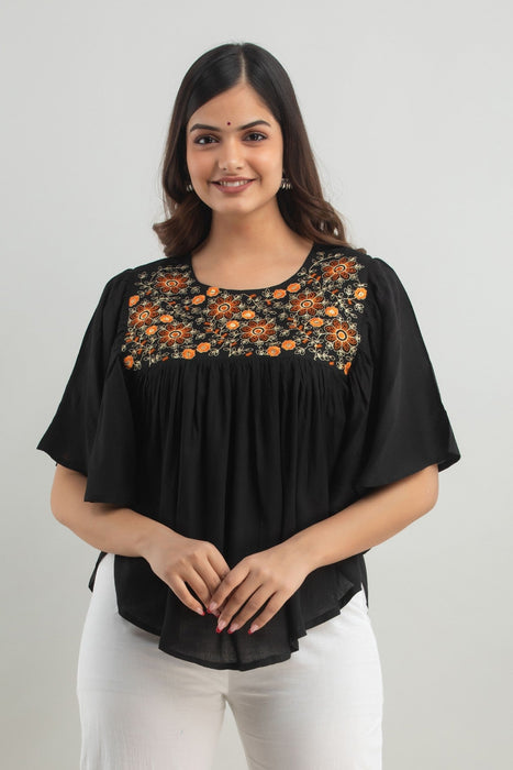 Women's Rayon embroidered Hip Length Formal Tops KRT019BLACK