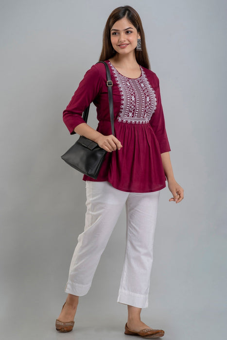 Women's Rayon embroidered Hip Length Formal Tops KRT035WINE