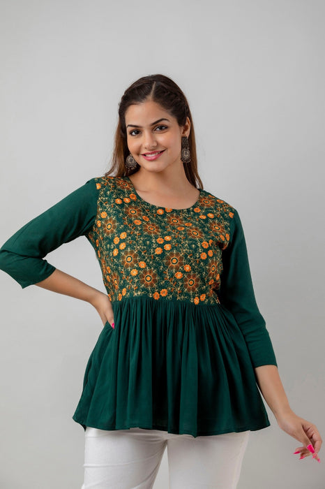 Women's Rayon embroidered Hip Length Formal Tops KRT037GREEN