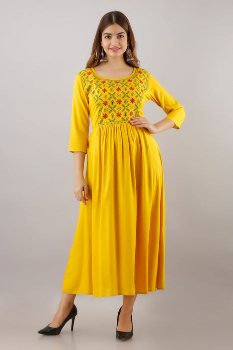 Women's Solid Dyed Rayon Designer Embroidered A-Line Kurta - KR016MUSTARD