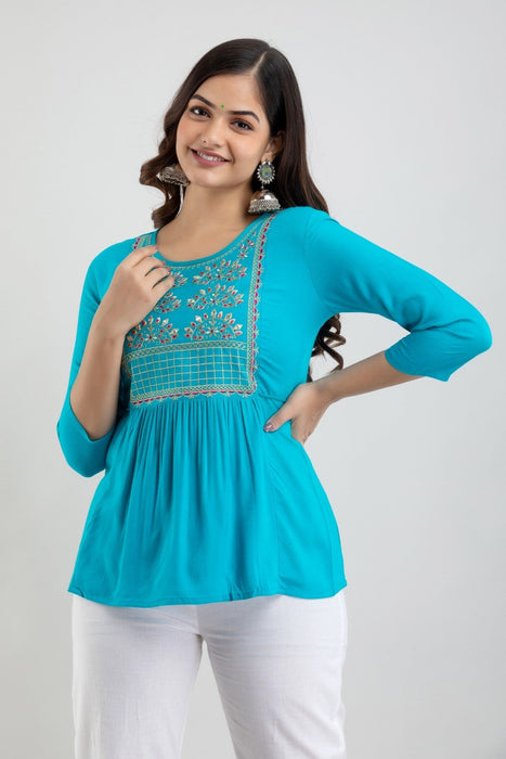 Women's Rayon embroidered Hip Length Formal Tops KRT021TURQUOISE