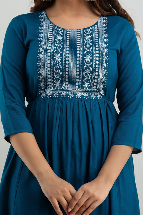 Women's Solid Dyed Rayon Designer Embroidered A-Line Kurta - KR0105BLUE