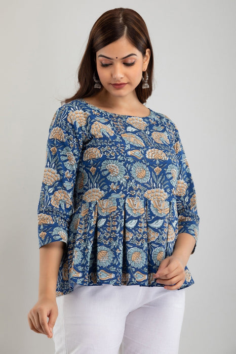 Women's Pure Cotton Printed Hip Length Formal Tops KRT031BLUE