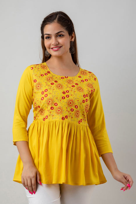 Women's Rayon embroidered Hip Length Formal Tops KRT037MUSTARD