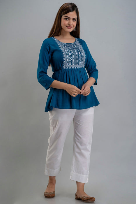 Women's Rayon embroidered Hip Length Formal Tops KRT035BLUE