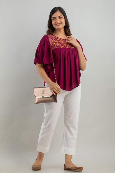 Women's Rayon embroidered Hip Length Formal Tops KRT019WINE