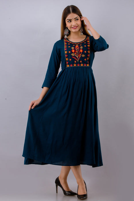 Women's Solid Dyed Rayon Designer Embroidered A-Line Kurta - KR078BLUE