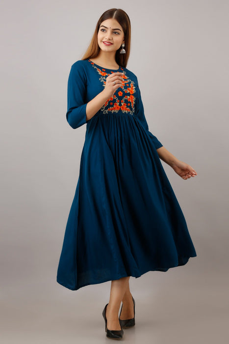 Women's Solid Dyed Rayon Designer Embroidered A-Line Kurta - KR055BLUE