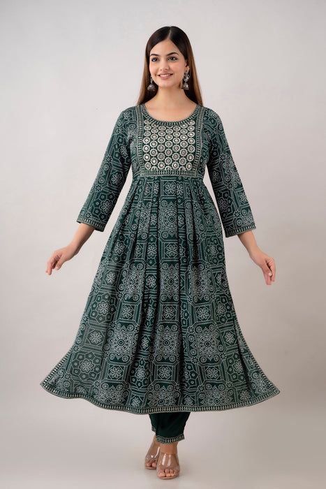 Traditional Zari Embroidery Work A-Line Kurta With Trouser & Dupatta - KR3004GREEN