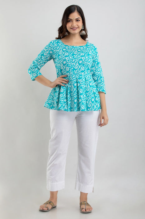 Women's Pure Cotton Printed Hip Length Formal Tops KRT028TURQUOISE