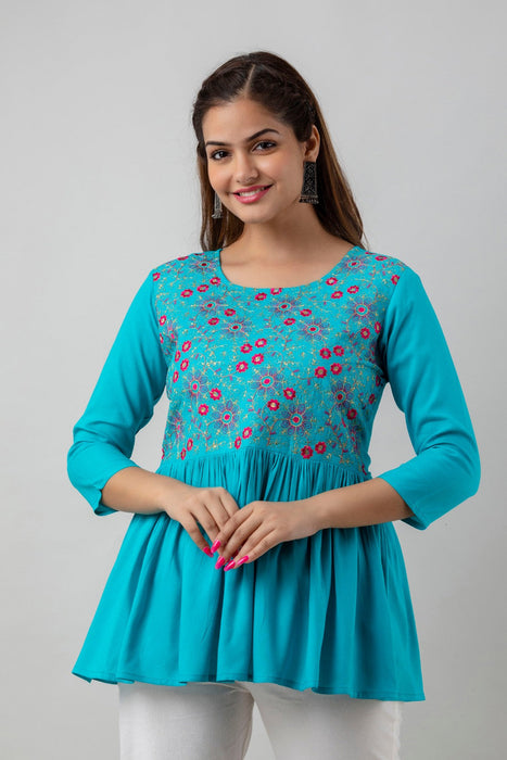 Women's Rayon embroidered Hip Length Formal Tops KRT037TURQUOISE