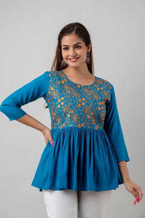 Women's Rayon embroidered Hip Length Formal Tops KRT037BLUE