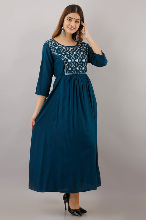 Women's Solid Dyed Rayon Designer Embroidered A-Line Kurta - KR016BLUE