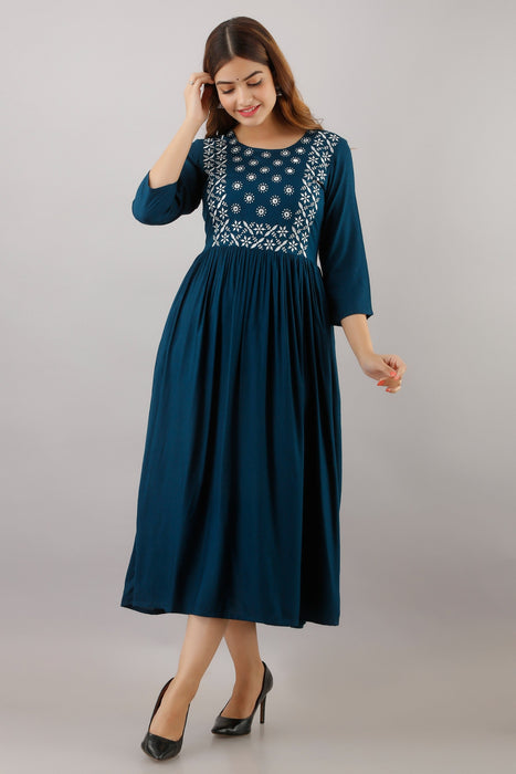 Women's Solid Dyed Rayon Designer Embroidered A-Line Kurta - KR015BLUE