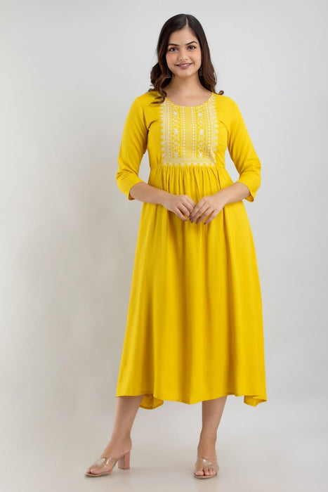 Women's Solid Dyed Rayon Designer Embroidered A-Line Kurta - KR0105MUSTARD