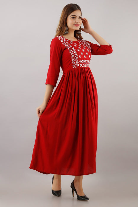 Women's Solid Dyed Rayon Designer Embroidered A-Line Kurta - KR015RED