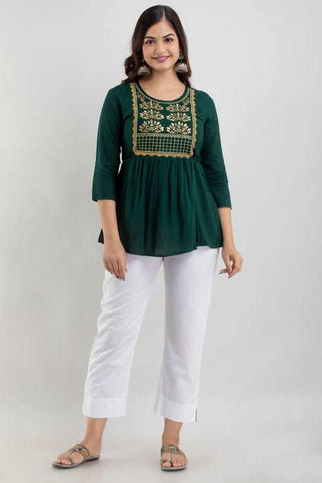 Women's Rayon embroidered Hip Length Formal Tops KRT021GREEN