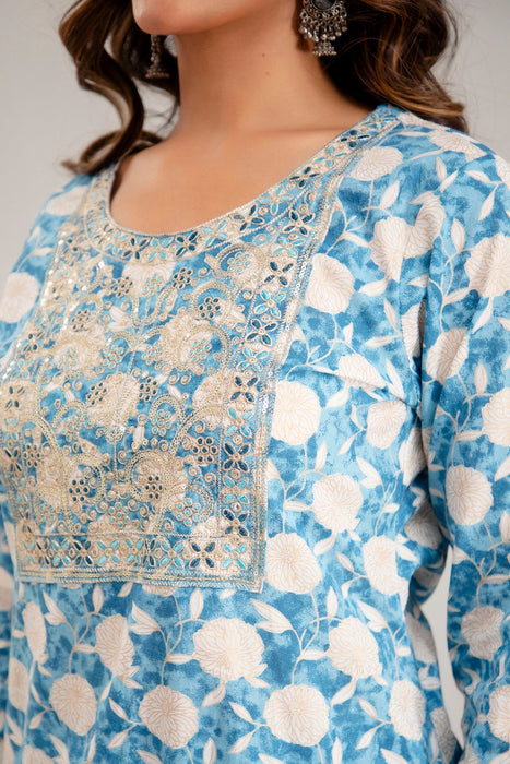 Traditional Zari Embroidery Work A-Line Kurta With Trouser & Dupatta - KR3012BLUE